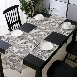 Ambesonne Leaf Table Runner & Placemats, Tropical Jungle Palm Tree Banana Leaves Frangipani Heliconia on Dark Blue Background, Set for Dining Table Decor, Placemat 4 pcs + Runner 16″x72″, Blue Teal(Mauve Sage Green)